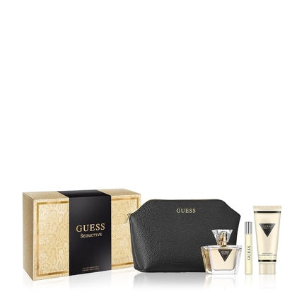 GUESS Seductive Women Eau de Toilette 4 Piece Gift Set - Perfume Spray 2.5 Fl. Oz. Travel Spray 0.5 Fl. Oz., Body Lotion 3.4 Fl. Oz., & Pouch