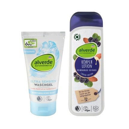 Alverde NATURKOSMETIK Body Care Set: ULTRA SENSITIVE Cleansing Gel for Sensitive Skin without Perfume & Dyes 150ml, BIO-ARONIABERRY BIO-ALMOND Body Lotion 250ml